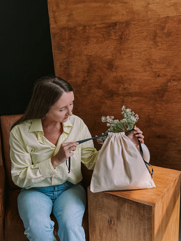 Beige Cotton Canvas Drawstring Pouch with Black Ribbon – Reusable Gift and Storage Bag
