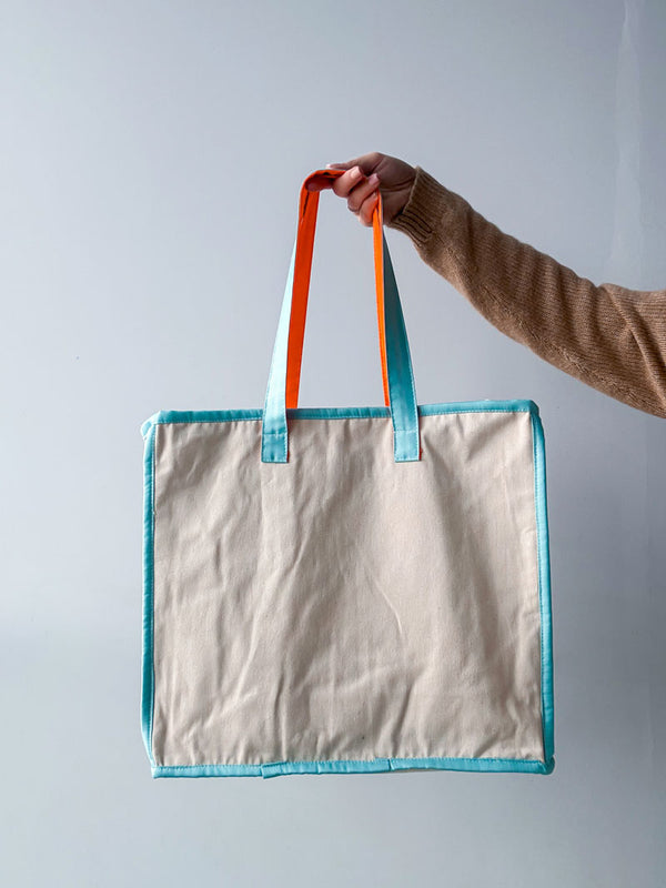 Eco twill bag with turquoise edging and bright handles — stylish shopper tote for groceries and travel