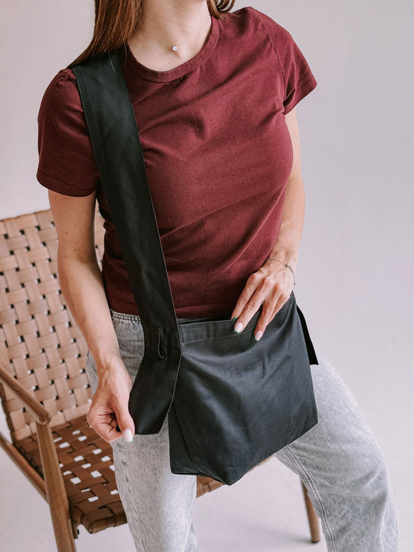 Black Twill Crossbody Shoulder Bag – Minimalist Eco Sling Bag with Wide Strap