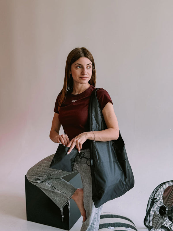 Black Raincoat Fabric Foldable Tote Bag with Side Pocket – Lightweight Reusable Eco Shopping Bag