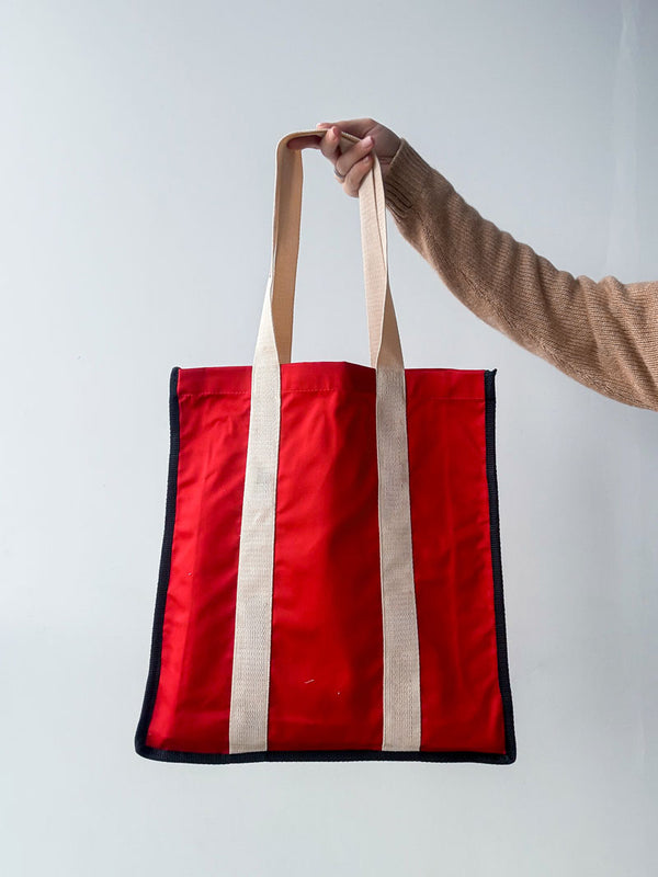 Durable eco bag with long straps - reusable red tote with side panels for shopping