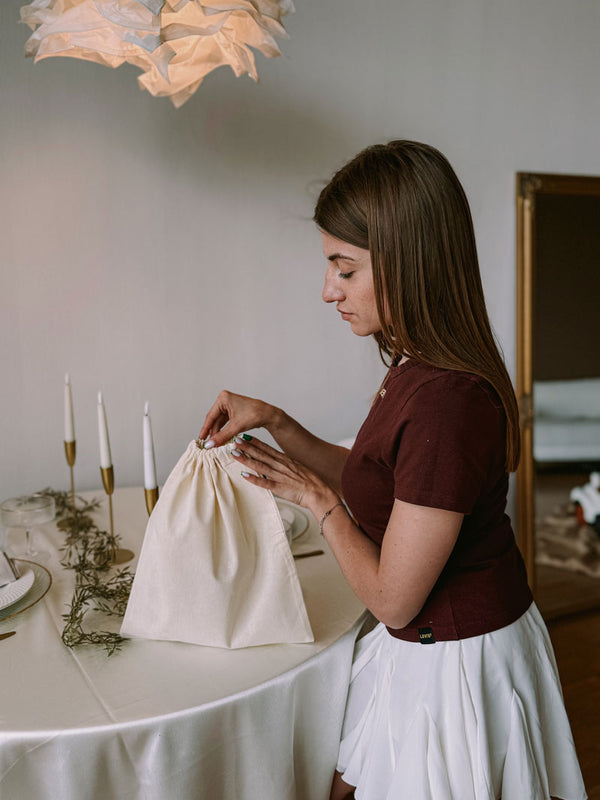Calico drawstring pouch with single-side closure – lightweight cotton bag for packaging, storage, or everyday use
