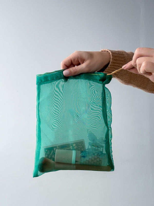 Transparent mesh drawstring pouch — reusable gift or storage bag for cosmetics and small items