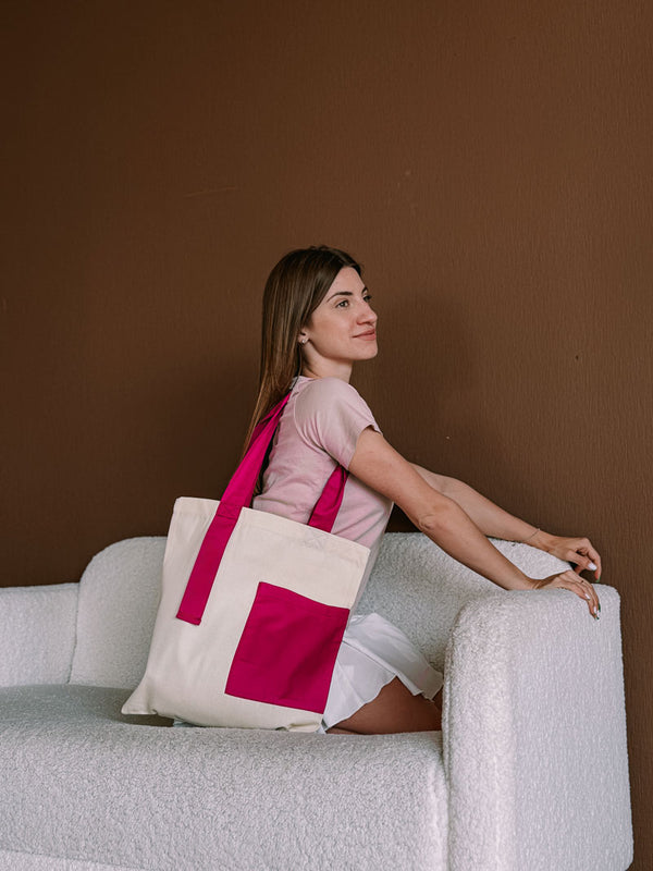 Beige Twill Shopper Tote with Fuchsia Handles and Outer Pocket – Stylish Eco Bag for Daily Use and Shopping