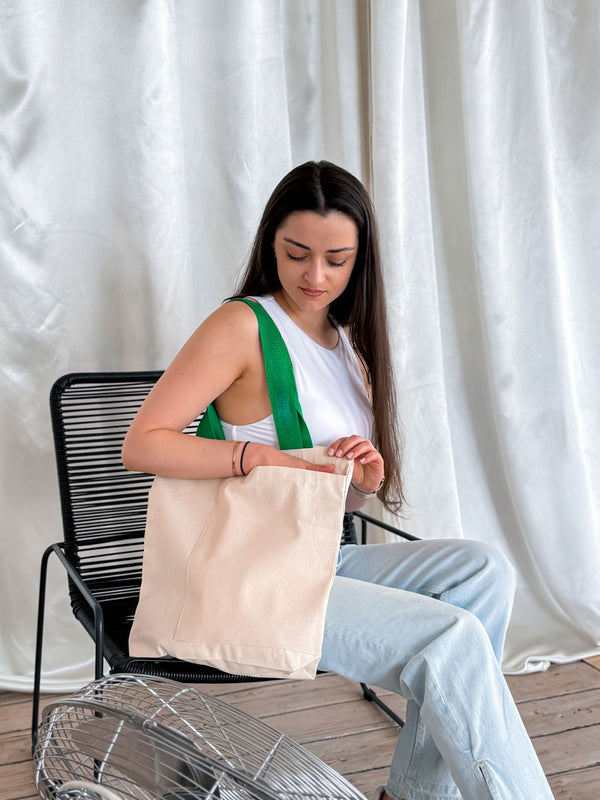 Eco tote bag with front pocket and green handles — reusable cotton shopper for groceries and everyday use