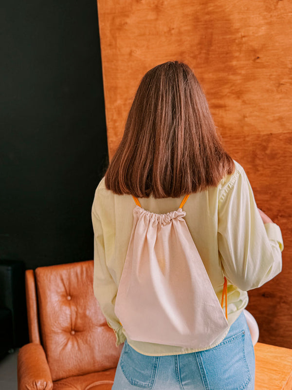 Beige Cotton Twill Drawstring Backpack with Orange Cords – Eco-Friendly Fabric Gym and Everyday Bag