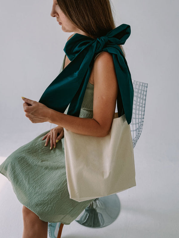 Stylish Beige Cotton Tote Bag with Teal Ribbon Handles – Eco-Friendly Flat Bottom Shopper Bag