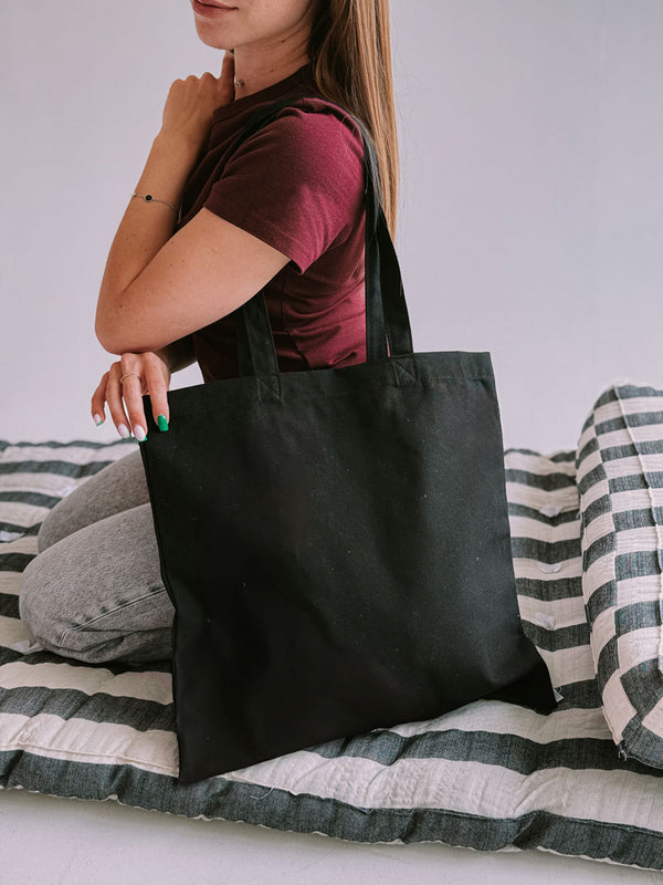 Eco shopper tote bag made of heavy-duty cotton canvas - black flat fabric bag with long handles for shopping and everyday use