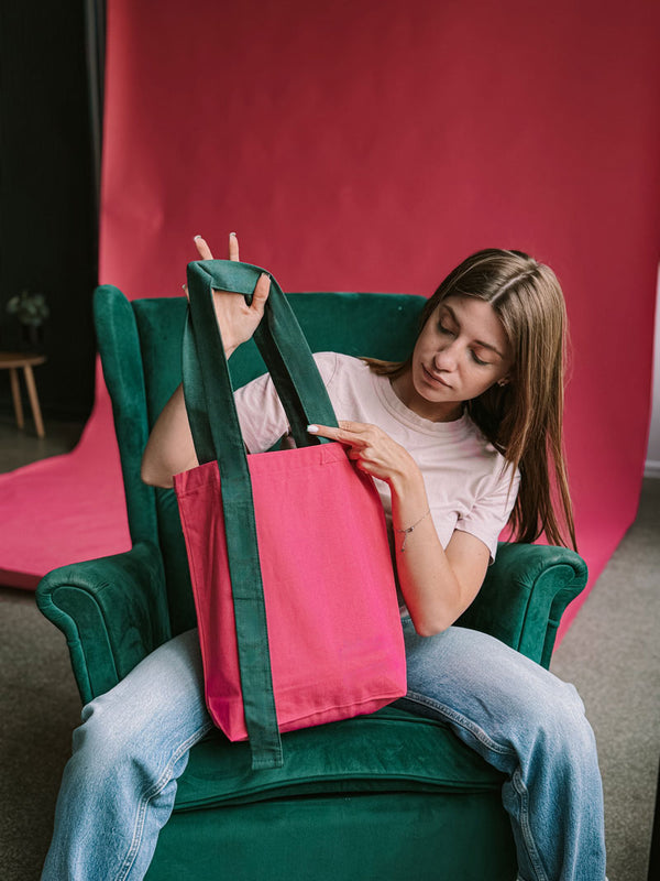 Bright Pink Twill Shopper Tote with Dark Green Handles – Durable Eco Bag for Daily Use and Shopping